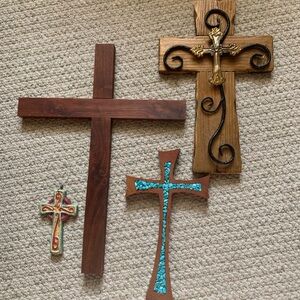 Set of Decorative Crosses with Turquoise and Wood Accents